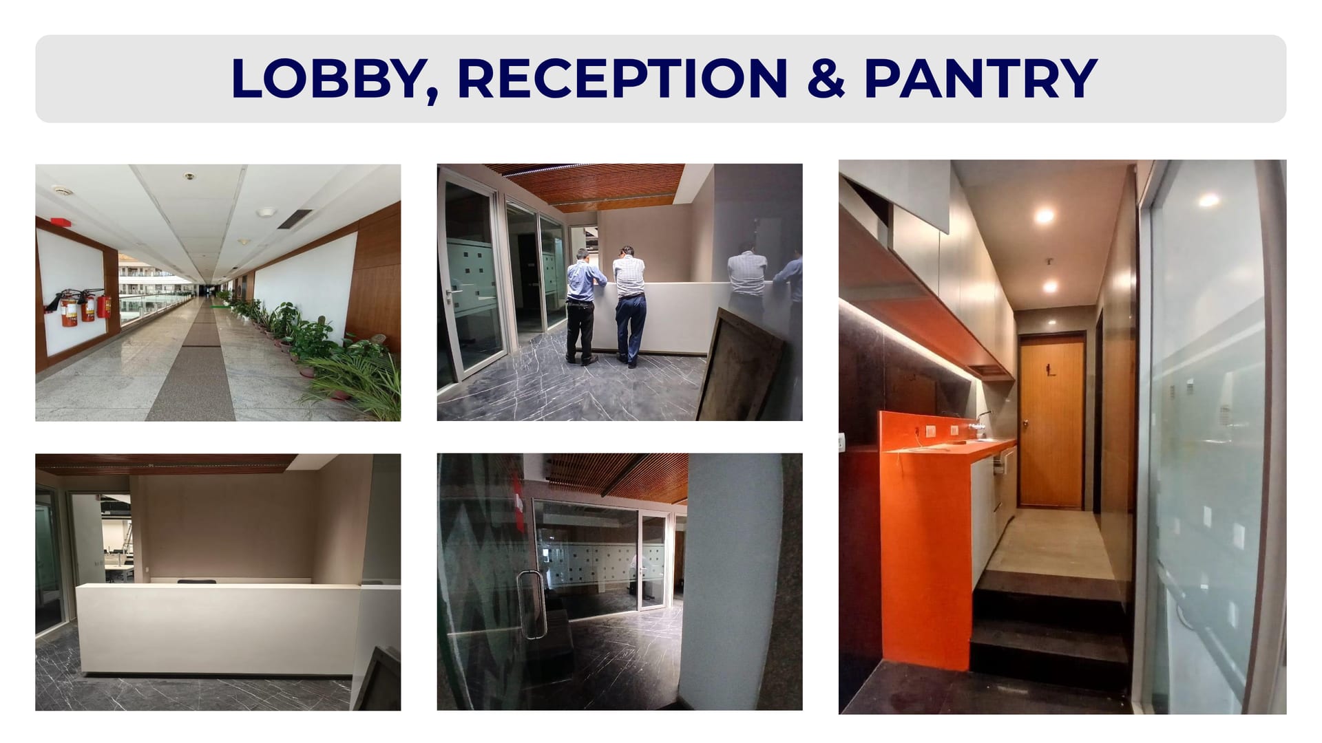 Lobby with SamPlacez branded wall, reception and pantry